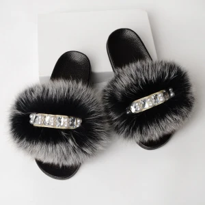 Drop Shipping Real Fox Fur Sliders Bling Fur Slippers Fluffy Women Fur Slides Slippers