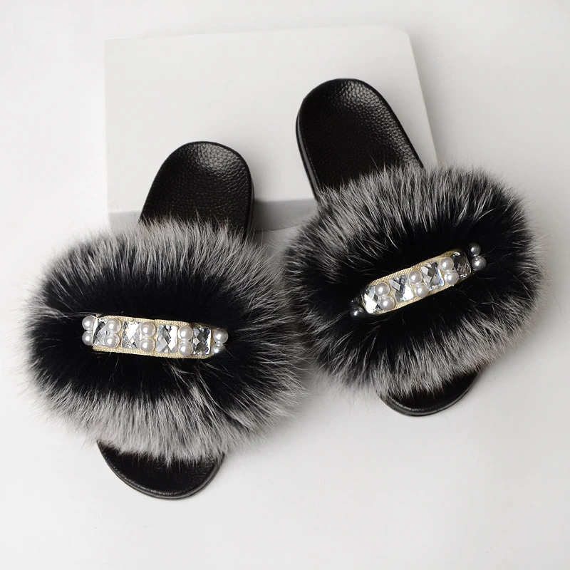 Drop Shipping Real Fox Fur Sliders Bling Fur Slippers Fluffy Women Fur Slides Slippers