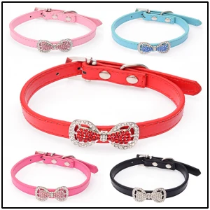 Durable and comfortable PU pet collar with various color and metal bow diamond style dog cat collar