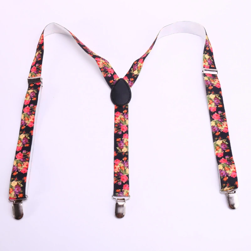 Elastic 1 inch Wide New Fashion Clip-on Braces Print Flower Mens Womens Suspenders For Trousers