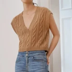 fashion new design women v-neck cable knitted cashmere vest sweater slim fit  for women