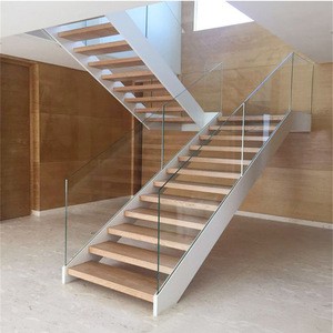 Foshan factory tempered glass wood u shape stairs, house staircase design