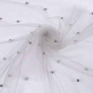 French romantic breath 100% nylon material beaded tulle pearl mesh net fabric for wedding dress