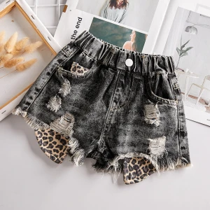 Girls Shorts Summer patchwork Leopard Baby Girls Denim Shorts Casual Jeans Holes Jean For Girls Pants Children Shorts