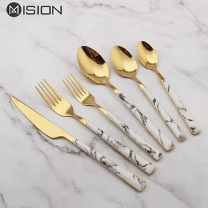 High-end marble handle cutlery set gold plated stainless steel flatware set