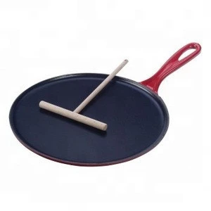 High Quality Enamel Cast Iron Fry pan Tawa Pan Pancake Round comal/Griddle Crepe Pan with Wood Spatula and Scraper