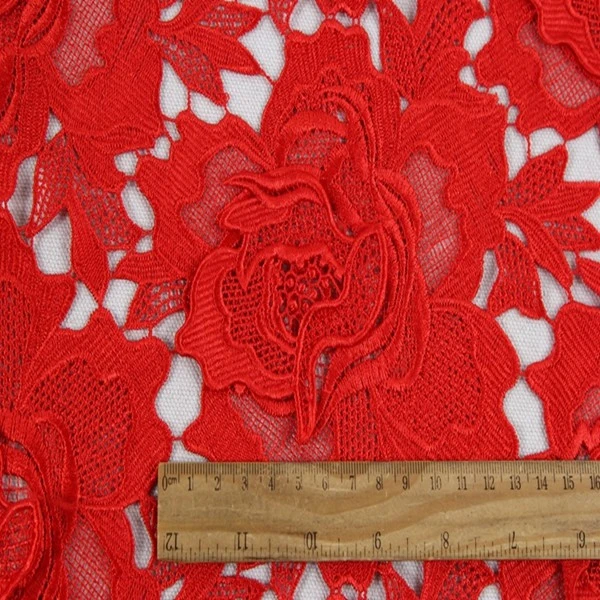 HLP107 Wholesale 3D Rose Lace Fabric Red Embroidery Lace Fabric