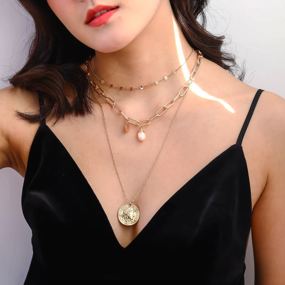 Hot selling retro multilayer necklace  clavicle chain  metal coin  pearl shell lady necklace