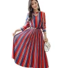 HTK Hot Selling Women Pleated Long-sleeved Stripes Casual Maxi Dress