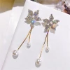 Korean Fashion S925 Stud Earring Bling Crystal Flower Tassel Earring Pearl Pendant Drop Earrings