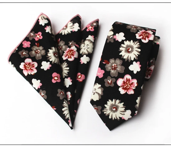 Latest classic floral 100% cotton custom skinny neck tie gift set for men with matching handkerchief for wedding