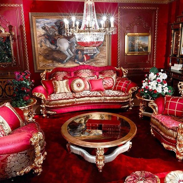 Luxurious Red Velvet Sofa set with Gilded Carving in Gold Leaf for Grand Palace Premium High end Quality Living room furniture