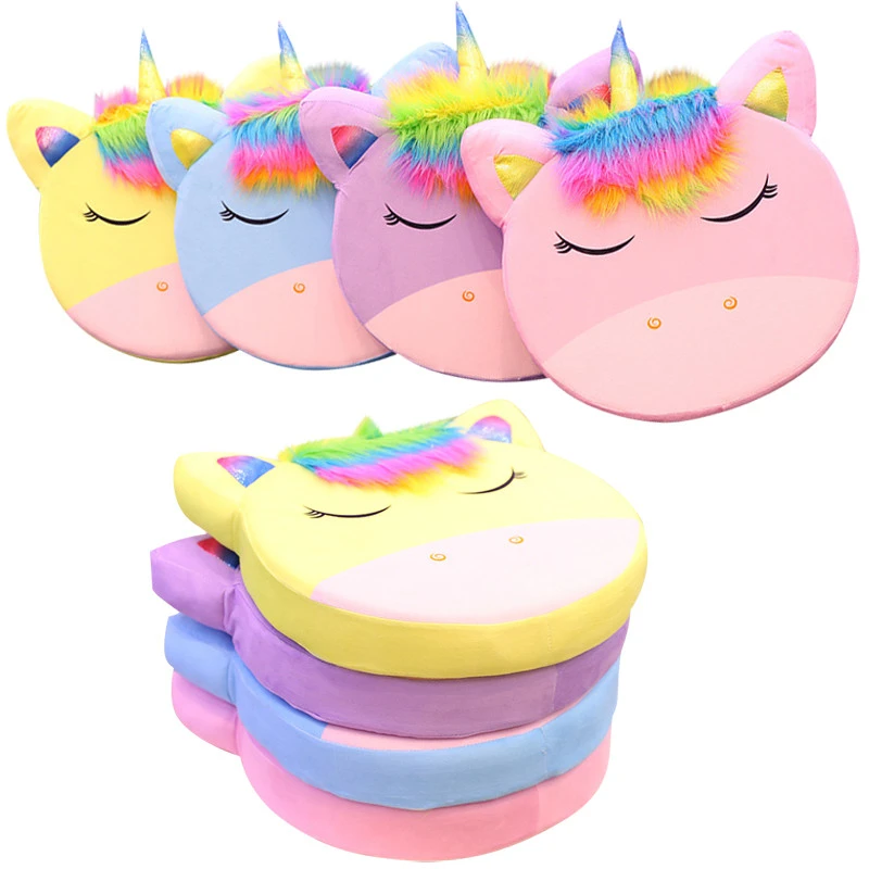MIN JUN 4 Colors Rainbow Hair Unicorn Seat Cushions Animal Plush Cushion Round Plain Cushion