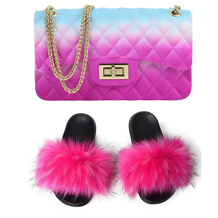 Mixed Color Fur Slides And Matching Purse Wholesale Price Bulk Women Faux Fur Slides Slippers And Colorful Cross-body Bag Set