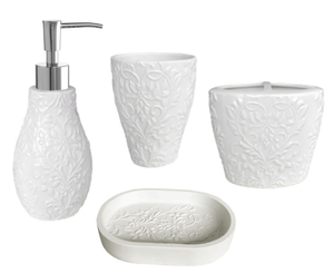 Modern design embossed flower surface 4 piece hotel white ceramic bathroom accessories for custom logo