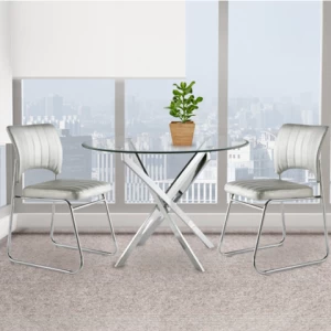 Modern small apartment design glass  round dinning table stainless steel Silver gold table legs