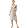 Natural loose fit short sleeve ramie cotton button down women girls&#39; casual dress with belt