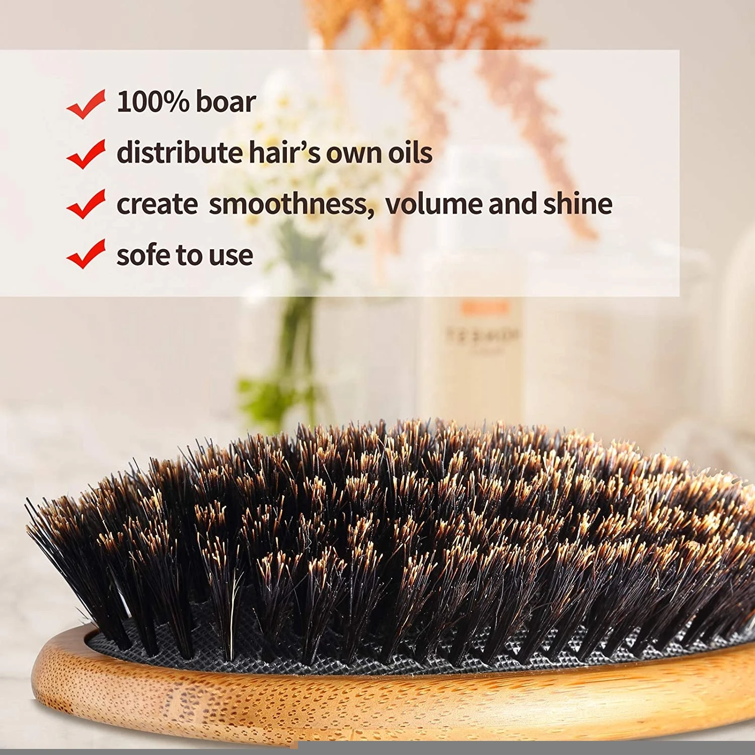 Natural Wild Boar Bristle bamboo hair brush female hair massage brush anti static brush