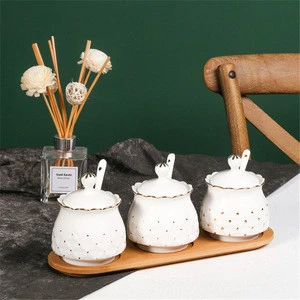 New arrivals home kitchen ware elegant 3pcs porcelain spice jar with wooden tray