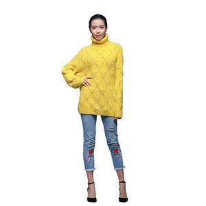 Nice yellow color turtleneck chunky knit alpaca warm sweater for women