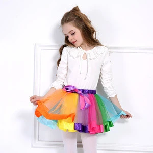 NJ0808 Hot Multicolor Rainbow Ribbon Bow TUTU Skirt Kids Girl Princess Dance Tulle Skirts