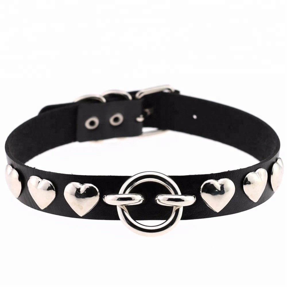 O-Ring Heart Rivets Faux Leather Necklace Buckle Collar Choker