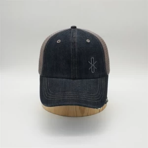 OEM Custom High Quality 6 Panel Embroidery Logo Distressed Brim Blue Denim Worn Out Mesh Gorras Baseball Cap Hat