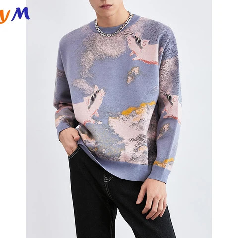 OEM Fashionable Winter Knitwear High Quality Multicolor Crew Neck Pig Pattern Drop Shoulder Sleeve Pullover Sweater