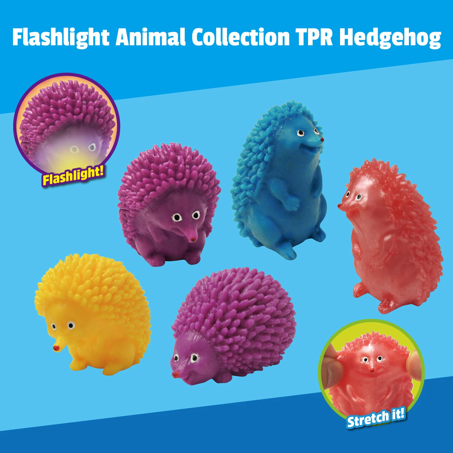 OEM wholesale Promotion Small Squeeze Stretchy Soft Plastic Toy Cute Kawaii Design Flashlight Animal Collection TPR Hedgehog