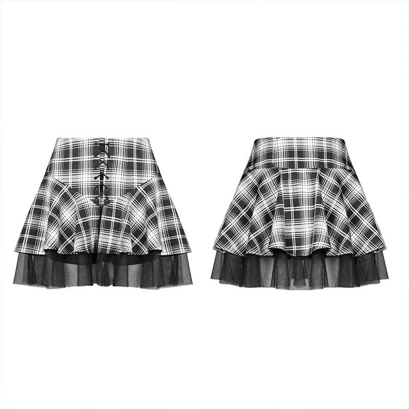 OPQ-602 punk rave woven fabric light and breathable plaid mesh stitching womens skirts