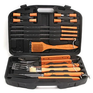 Outdoor Portable 18 piece barbecue Grill set tool with plastic box and wood handle