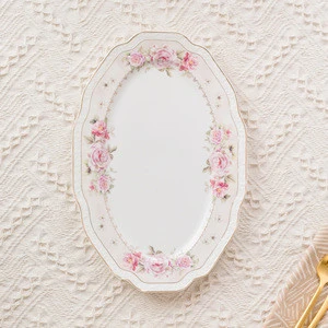 Pink elegant custom printing porcelain tableware oval dish cheap ceramic plate
