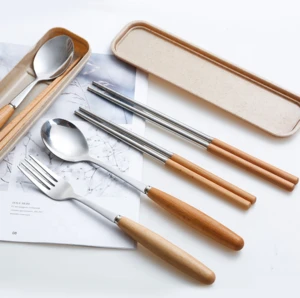 Portable cutlery set wooden spoon fork chopsticks travel dinner set Utensils Set Reusable Flatware