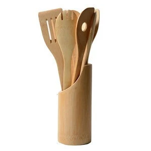 reusable 6pcs bamboo utensils set, kitchen cooking tools set with holder
