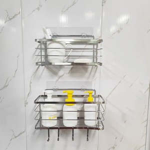 Self-adhesive Wall Mounted Stainless Steel Double Tier Corner Shower Caddy Basket Bathroom  Bathroom Shelves