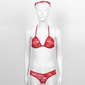Sexy See-through Lace Christmas Lingerie Set For Women Soft Wireless Bra Tops Low Rise G-string with Hat Sleepwear Nightwear