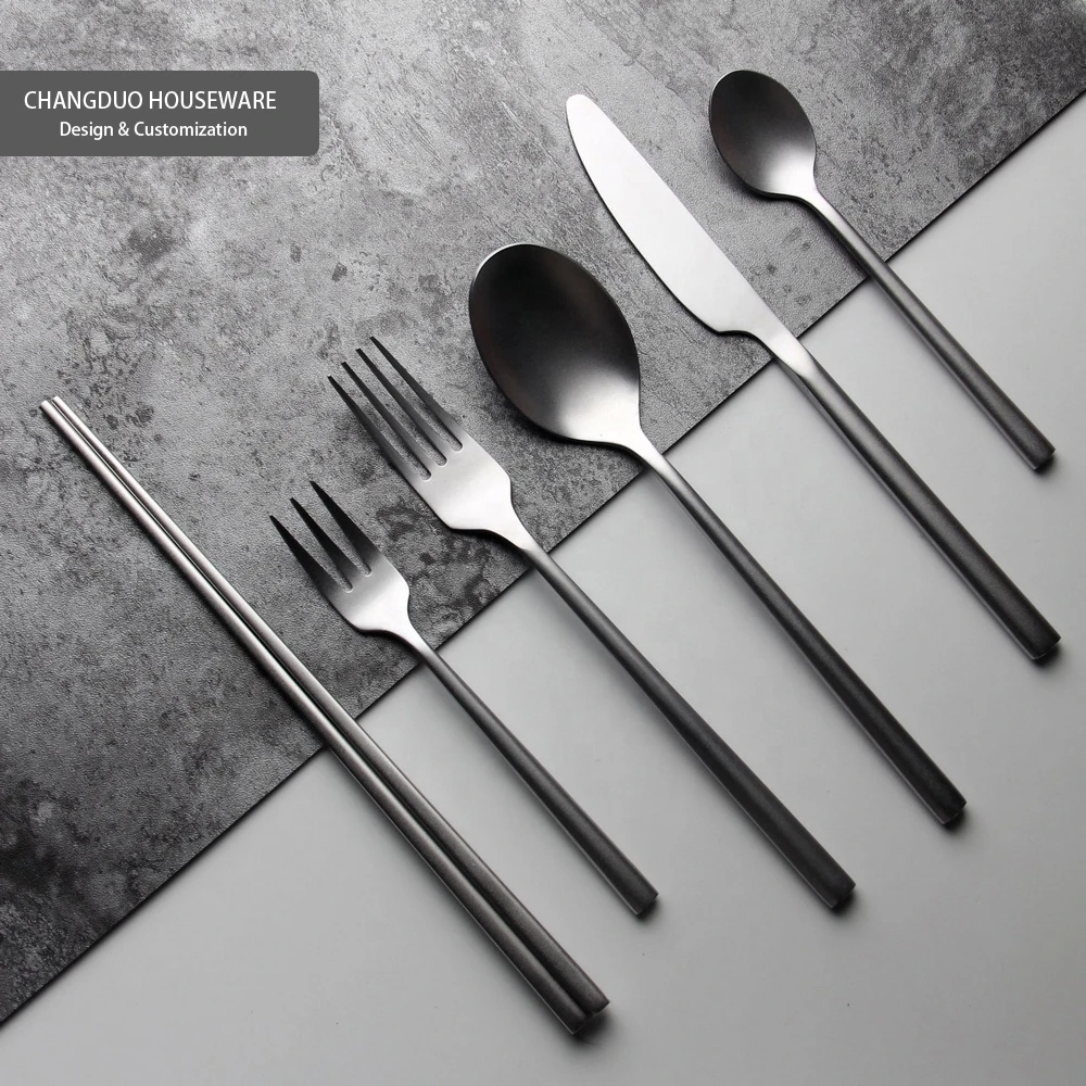 Simple spoon fork knife chopsticks matel stainless steel nordic dinner table set custom restaurant gift Matte Wire Flatware