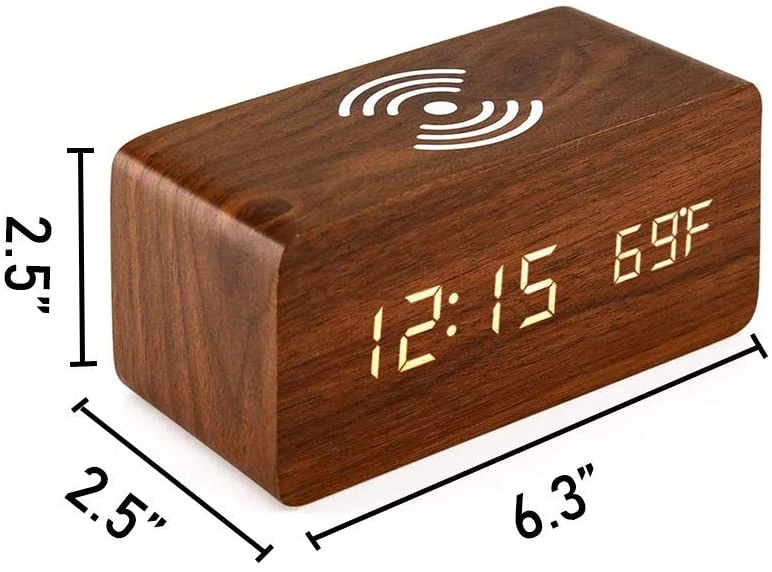 smart colorful rechargeable kids wake up light digital sound control wooden alarm clock with wireless charger