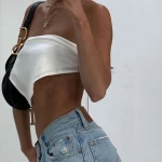 Summer white silk scarf wrapped around the chest with backless and collarless solid color crop top