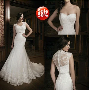 Wholesale - 2014 New Arrival Mermaid Lace Wedding Dresses Bridal Gown With White Detachable Jacket Sheer Back Covered Button Cry