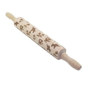 Wholesale customized diy creative kid child cute animal print baking embossed wooden rolling pin