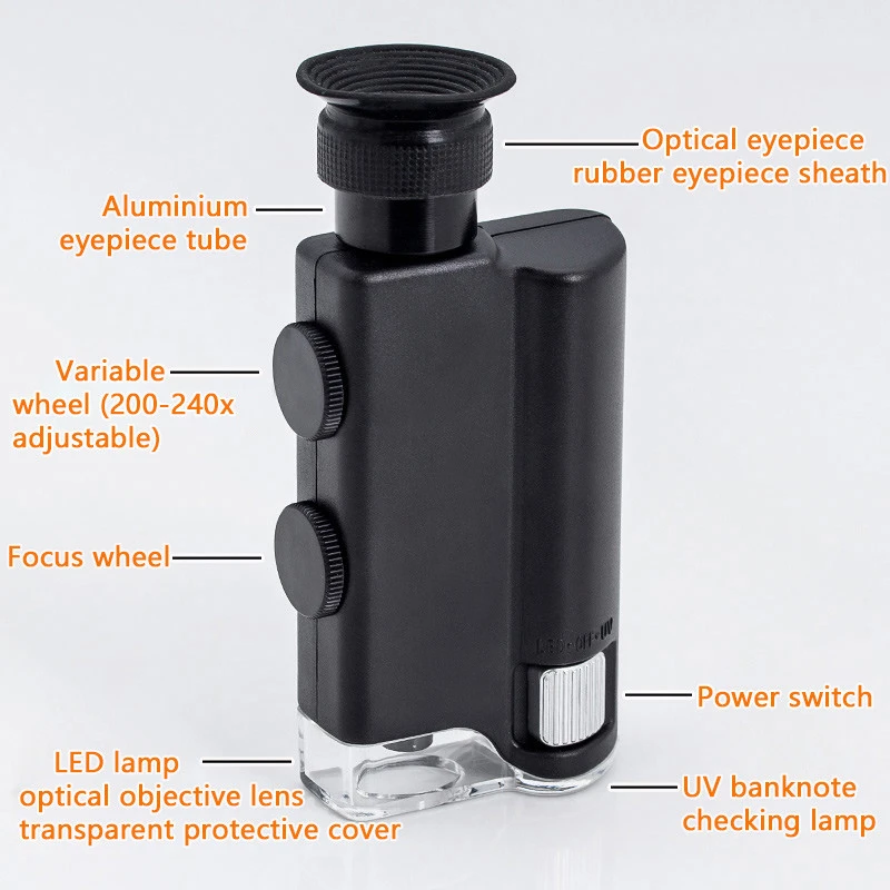 Wholesale Hand Held Black 200X ~ 240X Optical Focusing Zoom HD LED Jewelry Diamond Microscope With Cloth Bag