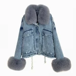 Women denim jacket winter style fox fur trim overcoat rex rabbit fur lined  lady coat