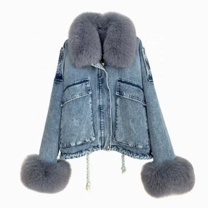Women denim jacket winter style fox fur trim overcoat rex rabbit fur lined  lady coat