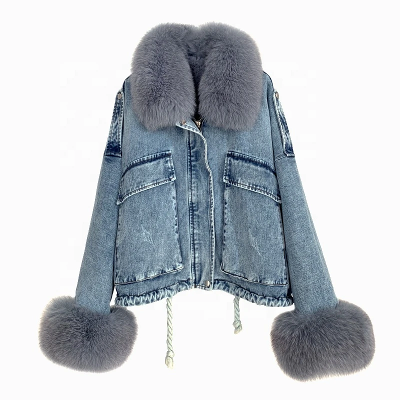 Women denim jacket winter style fox fur trim overcoat rex rabbit fur lined  lady coat
