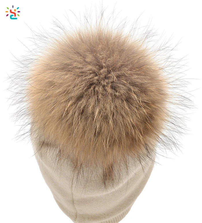 Womens Pure Cashmere beanie hat pom pom beanie Raccoon Fur ball Knit Beanie Slouchy Hat