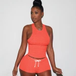 YD-S390074 NEW style summer 2021 solid color with drawstring O neck sports 2 piece yoga shorts set