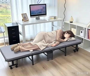 4 Fold Portable Folding Bed with Silent Caster Wheels, Office Nap Bed, 180×90cm Cotton Linen Fabric Guest Bed