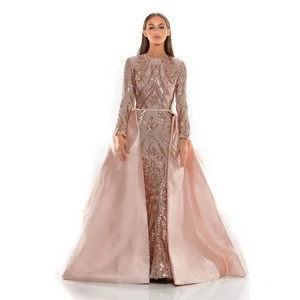 2019 Dubai Luxury Sequin Beaded Long Sleeve Evening Dress For Women Formal Gowns Ladies Party Dresses With Detachable Train