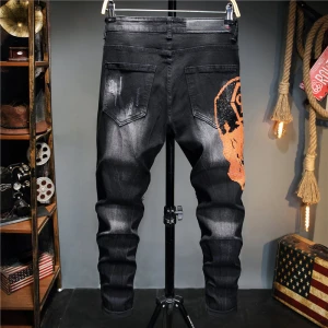 2020 new European and American trend men&#x27;s locomotive personality hole jeans stretch straight slim trousers plus size